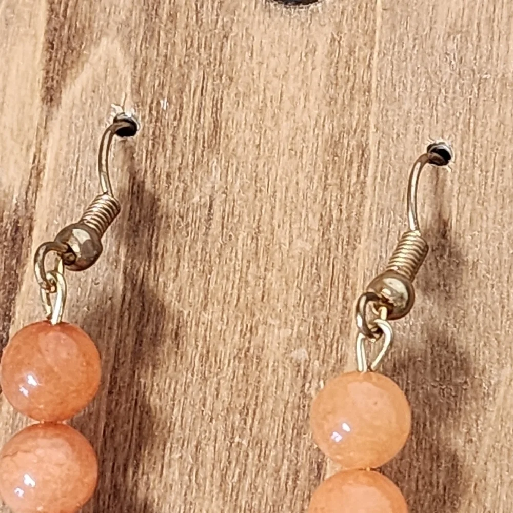 Earrings Beaded Gemstone Long Dangle Drop Chakra Boho Adventurine Peach Green